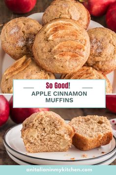 apple cinnamon muffins on a plate with apples in the background and text overlay