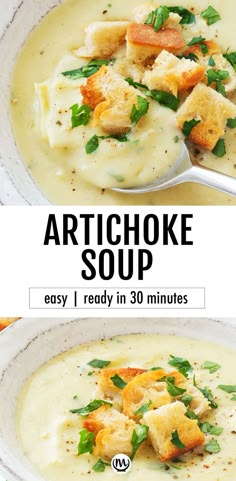 Top view of a white bowl full of artichoke soup with croutons. Artichoke Soup, Artichoke Recipes, Best Soup Recipes, Soup Kitchen, Soups Stews Chilis, Soup Dinner, Soup And Sandwich, Healthy Soup Recipes, Homemade Soup