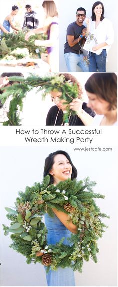 a woman holding a wreath with pine cones on it