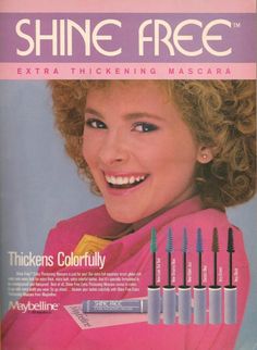 an advertisement for maybelline's shine free extra thickening mascara, with the image of a smiling woman in pink