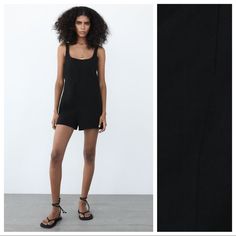 Nwt. Zara Black Viscose/Linen Playsuit Romper/Jumpsuit A Round Neckline, Wide Straps And Invisible Back Zipper Closure. Size Xs. Ref. 3067/142. Pit To Pit 16" Flat, Waist 17", Rise ", Inseam 2", Length 29". U Black Summer Bodysuit For Workwear, Black Bodysuit For Workwear In Summer, Black Bodysuit For Summer Workwear, Black Summer Bodysuit For Work, Zara Fitted Summer Jumpsuits And Rompers, Zara Jumpsuits And Rompers For Night Out In Summer, Chic Black Overall Bodysuit, Zara Jumpsuits And Rompers For Summer, Zara Black Jumpsuits And Rompers For Summer