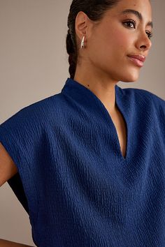 Polyester, viscose, elastane Pullover styling Machine wash Imported | Short-Sleeve Textured Popover Blouse by Maeve in Blue, Women's, Size: Medium, Polyester/Viscose/Elastane at Anthropologie Chic Daywear Tops With Split Neck, Versatile V-neck Tops For Daywear, Effortless V-neck Top For Daywear, Casual Viscose Top With Split Neck, Chic V-neck Tunic For Workwear, Viscose V-neck Top For Work, Stretch V-neck Blouse For Daywear, Relaxed Fit Viscose V-neck Blouse, Chic Viscose Tops With Split Neck