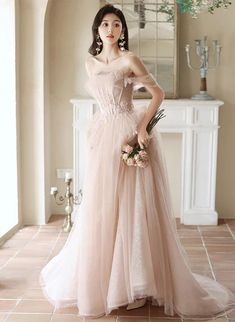 Pink Off Shoulder Tulle Long Formal Dress Pink Tulle Evening Dress, Sheer Prom Dress, Off Shoulder Tulle, Dress Light Pink, Prom Dresses Long Pink, Pink Corset, Long Formal Dress, Tulle Evening Dress, Tulle Sleeves