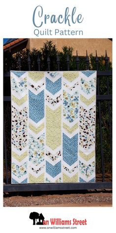 the crochet quilt pattern is shown in front of a fence