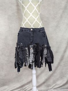 Super unique upcycled Simon Chang black denim skirt with frayed denim waistband fringe hem. Waist measures 36", hips 40" and length is approximately 17". Upcycle Skirt, Model Clothing, Denim Fringe, Black Denim Skirt, Model Outfits, Frayed Denim, Hem Skirt, Jeans Rock, Black Denim