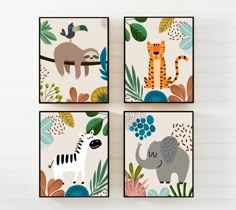 four animal wall art hangings on the wall in three different styles, each featuring an elephant, zebra, and sloth