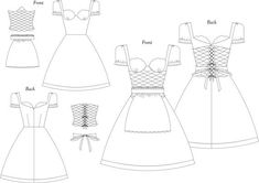 four different dresses with laces and bows on the front, back, and sides