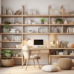 a computer desk sitting in front of a bookshelf filled with lots of books