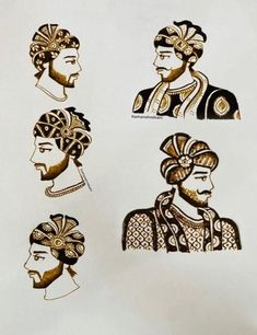 four different types of headdresses are shown in gold and black on white paper