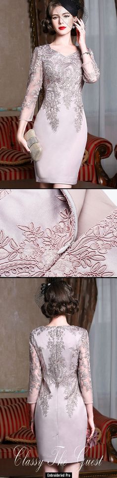 Long Sleeve Embroidered Cocktail Dress For Women Knee-length Floral Embroidered Dress For Wedding, Knee-length Embroidered Dress For Wedding, Embroidered Dresses For Mother Of The Bride, Embroidered Knee-length Wedding Dress, Wedding Color Schemes Purple, Cocktail Dress For Women, Delicate Gown, Embroidered Cocktail Dress, Cocktail Dress Classy