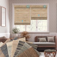 a living room filled with furniture and lots of windows covered in shades of bamboo blinds