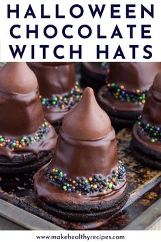 halloween chocolate witch hats with sprinkles on top and text overlay that reads,