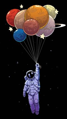 an astronaut floating in the air with balloons attached to his body and stars on their back