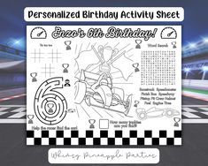 a birthday activity sheet with an image of a motorcycle