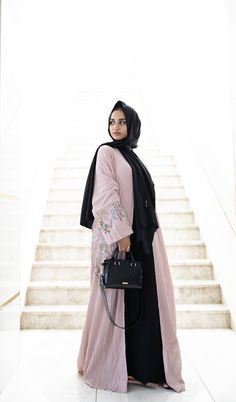 light pink textured long sleeved maxi floral embroidered abaya with waist tie and pockets Pink Abaya, Embroidery Abaya, Embroidered Abaya, Modest Activewear, Ramadan Collection, Abaya Black, Modest Apparel, Black Love Art, Islamic Art Calligraphy