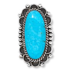 Chaco Canyon Sterling Silver Campitos Turquoise Oval Ring  An elongated oval of beautiful blue Campitos turquoise and elaborate frame details make this sterling silver ring the kind of standout statement piece you'll be wearing for many years to come! Handcrafted by Native American artisans.       Approx. 1-7/16"L x 3/4"W; 1/8" shank     Stamped .925     Ring has elongated, blue turquoise cabochon bezel-set in rope-textured frame     Frame embellished with silver beads and black, scallop-shaped edges     Oxidized, polished finish     Made in USA   Stone Information       All sizes and weights approximate     Stabilized Blue Campitos Turquoise - Oval (11x27mm); mined in USA Bright Winter, 925 Ring, Southwest Jewelry, Oval Rings, Jewelry Show, Multi Stone, Silver Beads, Jewelry Sales, Handcrafted Jewelry