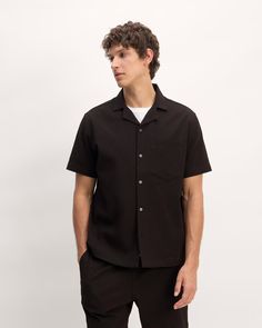 About This Style.  This piece features a relaxed fit, short sleeves, camp collar, chest pocket, straight hem, and button closure in a stretchy seersucker fabric. Spring Short Sleeve Shirt With Welt Pockets, Modern Shirt With Relaxed Fit And Camp Collar, Modern Shirt With Lapel Collar For Summer, Short Sleeve Shirt With Welt Pockets For Spring, Collared Shirt With Welt Pockets For Summer, Short Sleeve Shirt With Button Closure For Casual Gatherings, Collared Summer Shirt With Welt Pockets, Casual Short Sleeve Shirt With Button Closure, Casual Tops With Welt Pockets And Collared Neckline