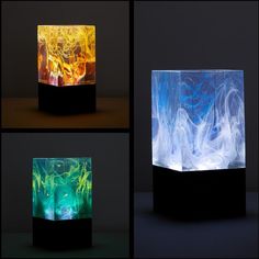 four different types of lights that are in the shape of cubes with water and plants on them