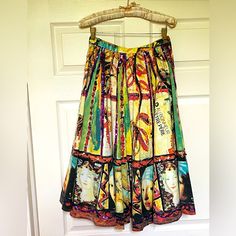 Show Stopping Piece!! Beautiful Flowy Skirt With A Parisian Print - Detailed Purple Sequins - It’s Like Wearing Art Eve August Size 1 Excellent Condition And Never Been Worn. New With Tags! Measurements 13 Inches Waist 29 Inches Length Multicolor Gathered Midi Skirt, Retro Multicolor Flowy Skirt, Retro Multicolor Relaxed Skirt, Hippie Style Multicolor Relaxed Fit Bottoms, Yellow Gathered Skirt Bottoms, Multicolor Retro Skirt For Vacation, Bohemian Yellow Skirted Bottoms, Retro Multicolor Skirt For Vacation, Multicolor Full Skirt With Gathered Details