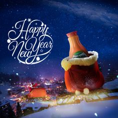 a happy new year greeting card with a bottle in the snow and santa's sleigh