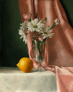 a painting of white flowers in a glass vase next to an orange on a table