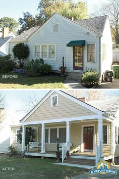 before and after pictures of a house with porches on the front, and in the back