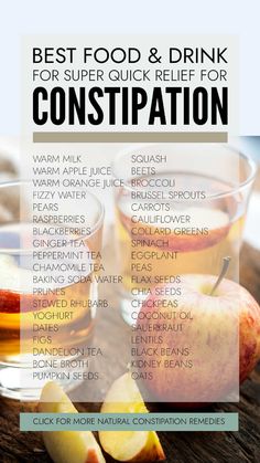 The best food and drink for super quick natural relief for constipation plus simple home remedies that will improve gut health and prevent recurrent constipation. Foods To Eat For Constipation, Drinks For Constipation Relief, Foods That Help You Poop, Diahrea Remedies, Natural Food Recipes, Natural Constipation Relief, Constipation Relief Foods, Foods For Constipation, Natural Remedies For Constipation