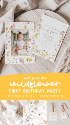 a baby's first birthday party with flowers and gold foil