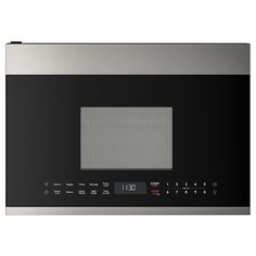 a stainless steel microwave oven with the door open and electronic timer on it's side