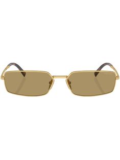 gold-tone metal rectangle frame tinted lenses nose pads straight arms curved tips logo print at the lens These glasses come with a protective case. Gold Rectangular Sunglasses With Tinted Lenses, Gold Rectangular Tinted Sunglasses, Gold Rectangular Sunglasses With Mirrored Lenses, Gold Rectangular Sunglasses With Gradient Lenses, Gold Rectangular Sunglasses For Formal Occasions, Formal Gold Rectangular Sunglasses, Prada Eyewear, Rectangle Frame, Chanel 2