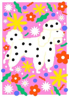 a white poodle on a pink background with flowers and polka dotes around it