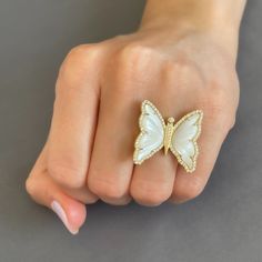 Sterling Silver Gold Plated Faux White Pearls Clear CZ Stones Butterfly Size: 23 MM X 23 MM Adjustable Pearl Butterfly, Butterfly Ring, Cz Stone, Pearl White, X 23, Silver Gold, Gold Plate, Silver Rings, Plating