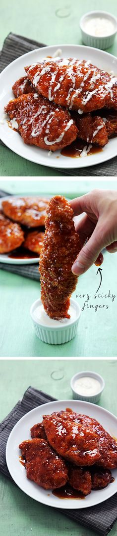 the process of making deep fried chicken wings is shown in three different stages, including being dipped with sauce and then drizzled over them