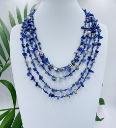 Big bold chunky multi strand handmade necklace. Lapis lazuli  beaded statement jewelry gift for women. You can wear this unique navy blue gemstone jewelry day or evening. Fits perfectly into shirts or summer dresses This necklace can make even an everyday dress stunning. It will be the perfect gift for yourself and a wonderful woman around you. While designing my necklaces, I pay attention to multi-purpose use. It can be used for casual evening or wedding, it's up to you and your choices .  For Handmade Blue Lapis Lazuli Crystal Necklace, Blue Multi-strand Gemstone Beads Jewelry, Blue Multi-strand Natural Stone Necklaces, Blue Multi-strand Jewelry With Gemstone Beads, Blue Multi-strand Beaded Necklace Gift, Blue Multi-strand Necklace With Natural Stones, Blue Multi-strand Natural Stone Necklace, Unique Blue Multi-strand Necklace, Artisan Multi-strand Blue Necklaces