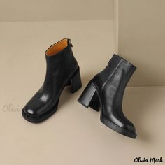 Olivia Mark - Stylish Vintage Boots with a Fashionable Twist Pork Skin, Cow Hide Shoes, Rough Heels, Game Black, Square Head, Inner Tube, Vintage Boots, Olivia Mark, Trend Setter