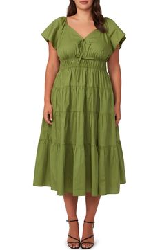 Estelle Ana Cotton Midi Dress | Nordstrom Cotton Midi Dress, Tier Skirt, Tiered Skirt, Womens Midi Dresses, Nordstrom Dresses, Kiwi, Puff Sleeves, Pullover Styling, Green Dress