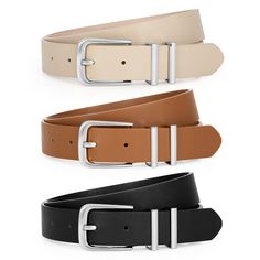 PRICES MAY VARY. Reliable Material: The business casual leather belt is made of faux leather, which more soft and comfortable to wear. The buckle is made of zinc alloy, solid and durable. You will receive 3 belts in different colors. Trendy Buckle: Stylish high-end gold buckle belt with two practical metal belt loops. This casual dress belt for women is a must-have for any millennial wardrobe! We also have silver buckle belts available! Versatile Belt: The 3 Pack Women Leather Belt offers versat Must Have Belts For Women, Trendy Belts For Women, Leather Dress Fashion, Gold Buckle Belt, Trendy Belts, Belt With Gold Buckle, Casual Leather Belt, Belt For Women, Metal Belt