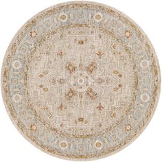 a round rug with an ornate design in beige and blue colors on a white background