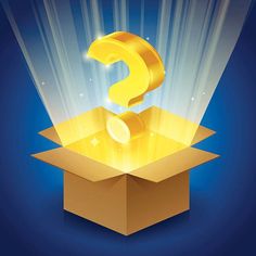 a golden question mark sitting in a cardboard box with rays coming from the top and below