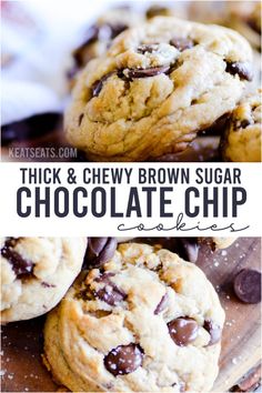 thick and chewy brown sugar chocolate chip cookies on a cutting board with text overlay