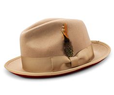 2 ⅜ Brim Wool Felt Dress Hat with Feather Accent Tan with Red Bottom Macbeth Costumes, Gents Hats, Mens Dress Hats, Hat With Feather, Felt Dress, Popular Hats, Banded Collar Shirts, Mens Hats Fashion, Fedora Hat Men