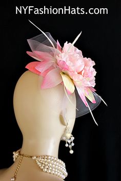 Women’s Pink Sinamay Straw Large Flower Feather Bow Fashion Designer Haute Couture Hat Headpiece Wedding Fascinator Hair Accessory. A Large Pastel Pink Horsehair Crinoline Bow Is Placed On A Simulated Pink Sinamay Straw Round Base, Accented With A Large Vintage Ivory Yellow And Pink Handmade Silk Flower, Embellished With White Goose Biot Feathers. This Formal Art Deco Styled 1920’s Style Flapper Hat Wedding Headpiece Can Be Worn In Different Positions. This ladies bespoke couture formal designer wedding fascinator hat is appropriate to wear for horse races, The Kentucky Derby, The Dubai World Cup, The Royal Ascot, The Melbourne Cup, Belmont Stakes, The Preakness Stakes horse racing, Church, weddings, and special occasion. This lovely Spring and Summer fascinator is also suited for mother o Summer Wedding Fascinator With Flower Decoration, Fitted Flower Fascinator For Wedding, Flower-shaped Fitted Fascinator For Weddings, Summer Wedding Fascinator With Feathers, Summer Wedding Headpiece With Feathers, Summer Wedding Flower Headpiece, Summer Wedding Flower Hair Accessories, Summer Wedding Floral Headpiece, Flower Shaped Fitted Mini Hats For Weddings