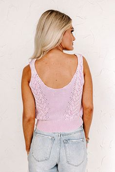 The perfect piece to stay cool in this summer just dropped! Our cute lavender colored 'Cliffhanger Knit Tank' featuring lightweight intricately knit material, a v-cut neckline and upper back with wide shoulder straps, and a relaxed silhouette that ends in a wide straight hemline! Measurements S : Bust 34", Hip 30", Length 19", Waist 33". M : Bust 36", Hip 32", Length 19", Waist 35". L : Bust 38", Hip 34", Length 19.5", Waist 37". Knit Tank, Model Fits, V Cut, V Cuts, Women Clothing Boutique, Knit Tanks, Knitting Materials, Stay Cool, Hip Length