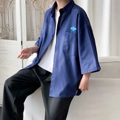 47611933262112|47611933327648|47611933393184|47611933425952 Blue Shirt With Pockets And Casual Collar, Blue Casual Collar Shirt With Pockets, Oversized Blue Half Sleeve Top, Casual Blue Half Sleeve Shirt, Blue Relaxed Fit Half Sleeve Shirt, Oversized Blue Cotton Shirt, Blue Cotton Shirt With Pockets, Trip Style, Light Clothing