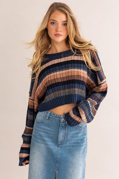 Mini Sweater, Printed Sweater, Comfy Fits, Me When, Online Boutiques, Cropped Sweater, Blue Sweaters, Stripe Print, Wardrobe Essentials