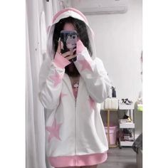 Wrap yourself in celestial style with our White & Pink Star Headphones Hoodie – a harmonious blend of cosmic charm and urban flair! This kawaii hoodie features a unique design with white and pink stars, and headphones incorporated seamlessly into the hood, creating a look that's both trendy and out-of-this-world. The soft and cozy fabric ensures warmth and comfort, making it a stylish choice for casual outings or a cozy night in. Whether you're a music lover, stargazer, or simply someone who app Emmiol Tops, Preppy Fabric, Clothes Kawaii, Kawaii Hoodies, Kawaii Outfit, Kawaii Hoodie, Y2k Preppy, Ootd Outfits, Pink Star