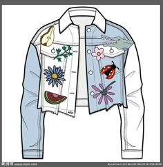 a drawing of a jean jacket with patches and flowers on the front, back and sides