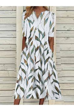 V-neck Half Sleeve Leaf Print Midi Dress Half Sleeve Blouse, Print Midi Dress, Womens Tops Summer, Solid Color Shirt, Printed Cardigan, Loose Pants, Fashion Gallery, Printed Midi Dress, Drawstring Pants