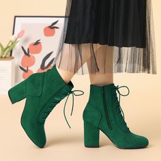 A pair of ankle booties features a lace-up front, a chunky high heel, and a classic rounded toe. A side zipper is added to ease you in and out. Lace Up Booties; Round Toe; Chunky High Heel; Vamp: Faux Suede; Outsole: Rubber; Heel: ABS; Heel Height: 3 3/8 inches; Occasion: Office, Interview, Party, Casual, Halloween days, Christmas Days, Dating, Evening. Elevate your body type and make you naturally look comfortable in your skin and body. Good options for parties, sweet dating, shopping, festival Velvet Block Heels, Chelsea Rain Boots, Chunky Heel Ankle Boots, Womens Chunky Heels, Shoes Boots Ankle, Closed Toe Shoes, Block Heel Ankle Boots, Chunky High Heels, Platform Heels Chunky