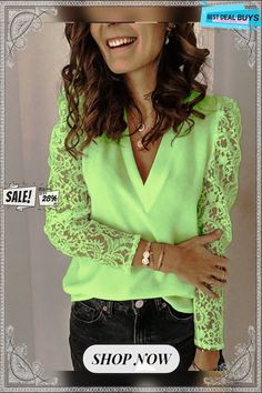 Casual Paneled Blouse Spring V-neck Blouse With Lace Sleeves, Casual V-neck Blouse With Lace Sleeves, Casual V-neck Top With Lace Sleeves, Spring Tops With Long Lace Sleeves, Chic Long Sleeve Tops With Lace Sleeves, Chic Tops With Lace Long Sleeves, Spring V-neck Lace Top For Night Out, Spring Workwear Blouse With Lace Sleeves, Trendy Long Sleeve Lace Top Blouse